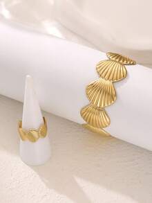 2pcs Gold Faux Shell Bangle Bracelet Set, Elegant Open Design, Suitable For Daily Wear And Dates, Fashionable Jewelry Gift For Women - Gold - View 3