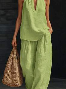 2026 Spring/Summer New Women's Halter Neck V-Neck Sleeveless Casual Two-Piece Set Suitable For Daily Casual Wear, Beach Vacations, And Dates - 黃綠色 - 查看 2