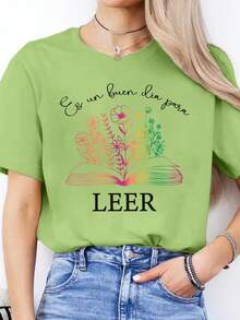 Senaste modellen från 2026 med spanska bokstäver Vår/sommar Casual T-shirt Rund hals Kortärmad Sport-T-shirt Damtopp Sommarkläder Sommarkläder Toppar - Svart - Visa 7
