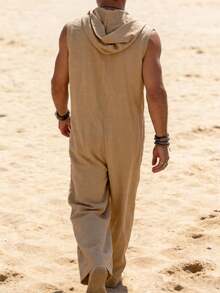 Men's Loose Summer Casual Lazy Lightweight Hooded Tank Top Multi-Pocket Jumpsuit - Khaki - View 4