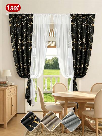 1 Set Silver Foil Curtain, Classic Minimalist Design, Blackout Curtain And Sheer Curtain Combination, Suitable For Living Room, Bedroom, Study And Other Window Decor