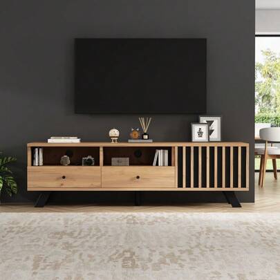 150*38*44cm TV-Schrank, Small TV-Ständer,FernseherSchrank Mit 2 Schubladen, Lowboard Mit Einem Schrank, 150cm Breit, Geeignet Für 60-Zoll-Fernseher, Wohnzimmerschrank In Holzfarbe