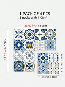 SUPSTICKER 藍色摩洛哥風廚房瓷磚貼紙，可撕貼防水防油貼花，適用於廚房防濺牆、浴室牆面，11.81*11.81英吋 - 4pcs - 查看 3