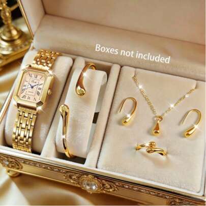 6pcs Vintage Luxury Women's Watch Set, Square Roman Numeral Wristwatch, Teardrop Necklace, Earrings, Bracelet, Ring Jewelry Set, Elegant Commuter Accessories, Gift For Valentine's Day/Birthday