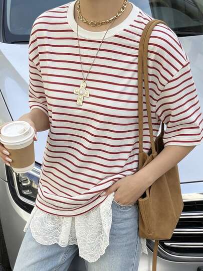 Red & White Striped Knit Casual Women Short Sleeve T-Shirt, Summer Beach/Vacation Outfit, Loose Fit Round Neck Top, Minimalist Fashion For Daily, Street, Home Wear