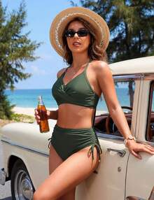 Women's High Waisted Bikini Sets, Crisscross Tie Back Drawstring Tummy Control Two Piece Swimsuits Bathing Suit - 綠色 - 查看 4