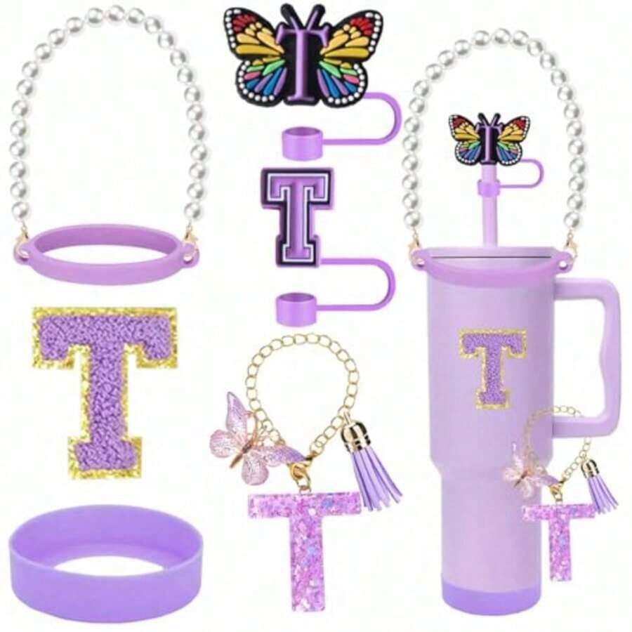 7pcs Cup Accories 30/40oz Tumbler Handle Strap Straw Cover Silicone Boot Letter Charm Stickers - Purple - View 1
