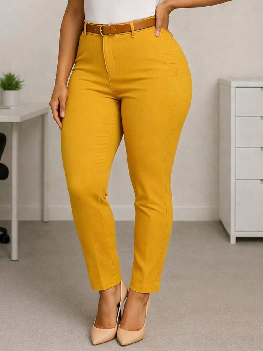 Pantalón de Vestir para Dama con Cinturón. Tela Strech. Ajuste Perfecto Push Up - Amarillo Mostaza - Ver 1
