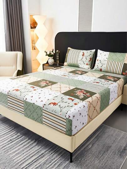 1件套复古拼布玫瑰花图案床笠套装，花卉格纹，柔软亲肤，防滑，适用于单人床/双人床/大号床/特大号床，可机洗，是卧室装饰的理想之选。