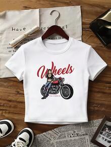Women's Summer Outfit Short Sleeve Graphic T-Shirt, Women's Spring Clothing Holiday Outfit, Women's Beach Outfit Holiday Outfit, Country Style Women's Commuter Outfit, White Cropped Motorcycle Element Casual - White - View 5