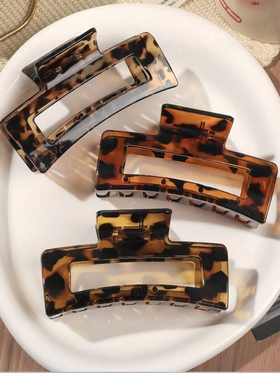 3pcs Transparent Amber Leopard Print Hair Claw, Elegant Minimalist Large Square Hair Clip, Versatile For Everyday Wear In Autumn/Winter Summer Hair Accessories Beach Claw Clips - 3-piece Set - Leopard Print Square - View 1
