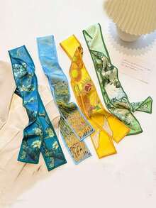 4pcs/Set Women Vintage Oil Painting Floral Striped Print Silk Scarf Headband, Casual Elegant Everyday & Date Gift Accessories, Hair Accessories, Turban Headband, Hairband Fall Winter Hair Band For Vacation Outfits Woman Women Bandana Soft Headwrap Summer Outfits - Nhiều màu 4 - Xem 1