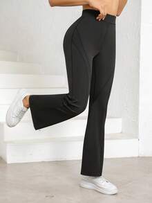 Quần ống loe cạp cao màu trơn thời trang nữ, quần legging tập luyện ôm sát màu trơn, chất liệu vải dệt kim, phù hợp cho tập thể dục và mặc thường ngày, màu đen. - màu đen - Xem 6