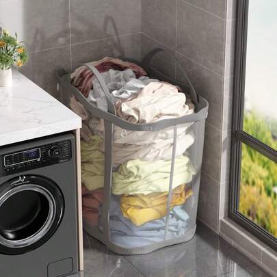 1 pieza Cesta de lavandería colgante multifuncional, cesta de almacenamiento de ropa de gran capacidad, bolsa de compras plegable semi transparente con asas a ambos lados, adecuada para almacenamiento de ropa, juguetes, varios, cesta de lavandería plegable, bolsa de compras de gran capacidad, adecuada para el hogar, la cocina, los suministros del baño, la decoración del hogar, la decoración de la habitación, los suministros de almacenamiento del hogar