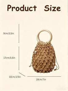 1pc Woven Round Hollow Boho Tote Bag, Wooden Handle Drawstring Bucket Bag For Summer Beach Vacation Daily Bags For Women Bolsos Para Mujer - 彩色 - 查看 9