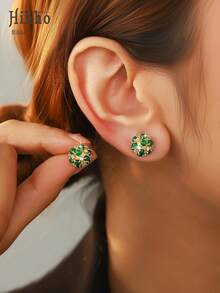 Hihho 1 Pair Luxury Fashion Jewelry Emerald Zirconia Series Earrings, Including Spherical Fully Paved, Multi-Layer Hoop, And C-Shaped Four-Leaf Clover Decor Styles. The Emerald Zirconia Paired With Gold Elements Maintains A Unified Style With Diverse Designs, Suitable For Evening Gala, Holiday Party, Date And Other Occasions - Yellow Gold - View 2