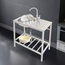 SENDERPICK Kitchen Single Bowl Sink Free Standing Sink Sink With Operation Countertop And Bottom Shelf - Silver - View 5