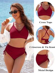 Women's High Waisted Bikini Sets, Crisscross Tie Back Drawstring Tummy Control Two Piece Swimsuits Bathing Suit - Dark Red - 查看 4