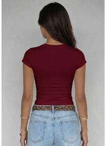 Women's Solid Color Square Neck Casual Versatile Daily Wear Short Sleeve T-Shirt - White - View 6