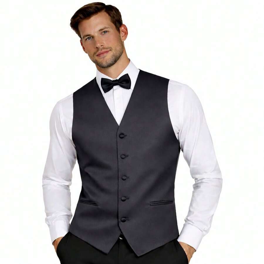 Sizes XS To 6XL Men's 3-Piece Tuxedo Vest Set – Satin Waistcoat With Bow Tie And Pocket Square For Wedding, Prom, Formal Events - 木炭 - 查看 1