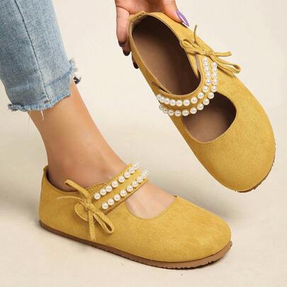 Wide Feet Friendly Wide Width Flats, Breathable Fabric Shoes With Pearl Bow, Non Slip Comfort Loafers For Work