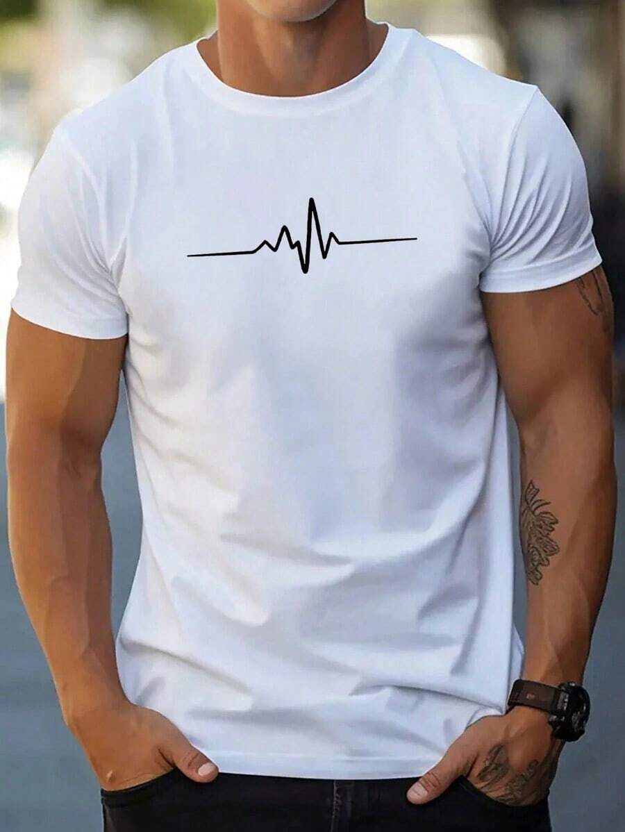Men's Casual T-Shirt With Crew Neck And ECG Print For Summer - 布蘭克 - 查看 1