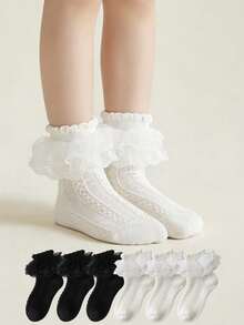 6 pares de calcetines con encaje esponjoso para niñas, lindos calcetines de princesa para baile - Blanco y Negro - Ver 1