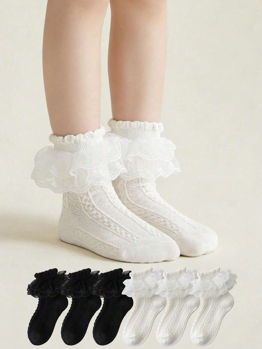 6 pares de calcetines con encaje esponjoso para niñas, lindos calcetines de princesa para baile - Blanco y Negro - Ver 1