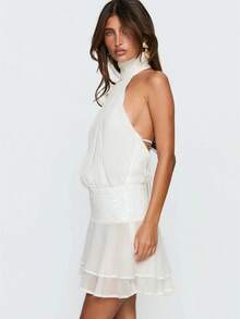 Women's Pleated Waist Sheer Mesh Ruffle Mini Dress Summer Casual Halter Neck High Neck Bodycon Short Dress Self-Tie Backless Sundress Party Clubwear - 亮片白色 - 查看 5