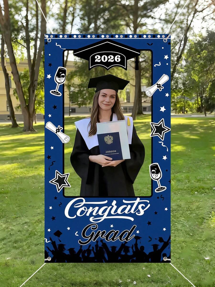 2026 Graduation Photo Studio Frame, Blue "Congratulations On Your Graduation" Selfie Banner Background, Graduation Backdrop Banner, Graduation Decor, High School/University Graduation Party Decoration Photo Prop - Graduation Photo Props (blue) - View 1