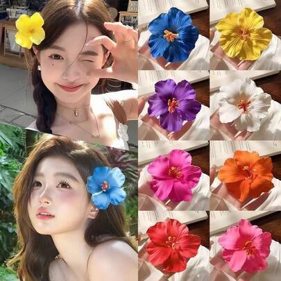 10pcs/Set Women Hibiscus Flower Hair Clips, Tropical Hawaiian Style Artificial Flower Hair Accessories, Suitable For Ladies Girls Beach Party Summer Holiday