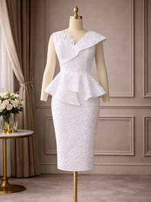 Elegant Women's White Jacquard Mid-Length Ruffle Hem Sleeveless Cocktail Dress, Suitable For Wedding Guest, Banquet And Party - White - View 6