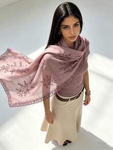 1 pièce Châle à broderie de feuilles multicolores, écharpe en dentelle florale ajourée, écharpe en mousseline douce et polyvalente, essentiel pour les vacances et les voyages - Rose bonbon - Voir 6