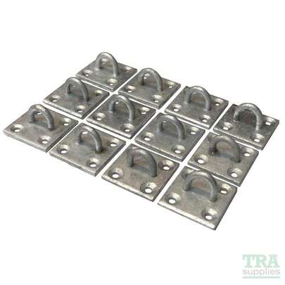 12 Galvanised Hook Eye Staple On Square Plates - 50mm X 50mm Mooring Tethering