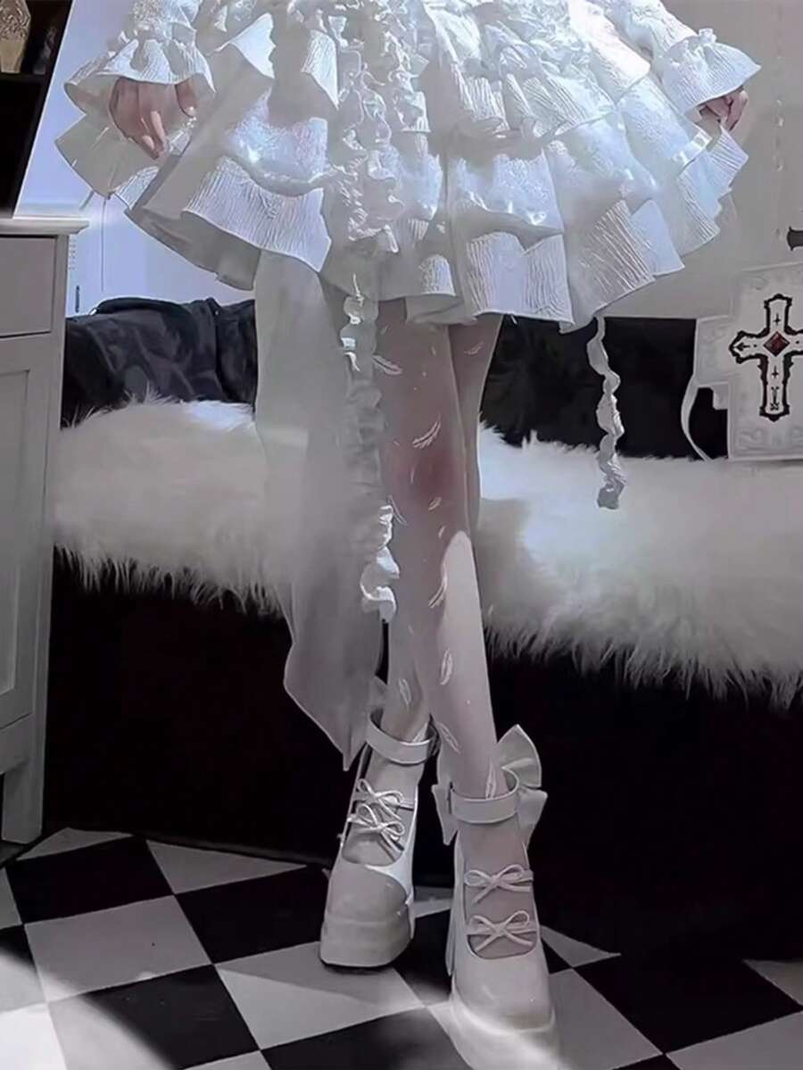 2 Pairs Random New Lolita Style Feather Print Sheer Stockings, White & Black Versatile Tights - Multicolor - View 1