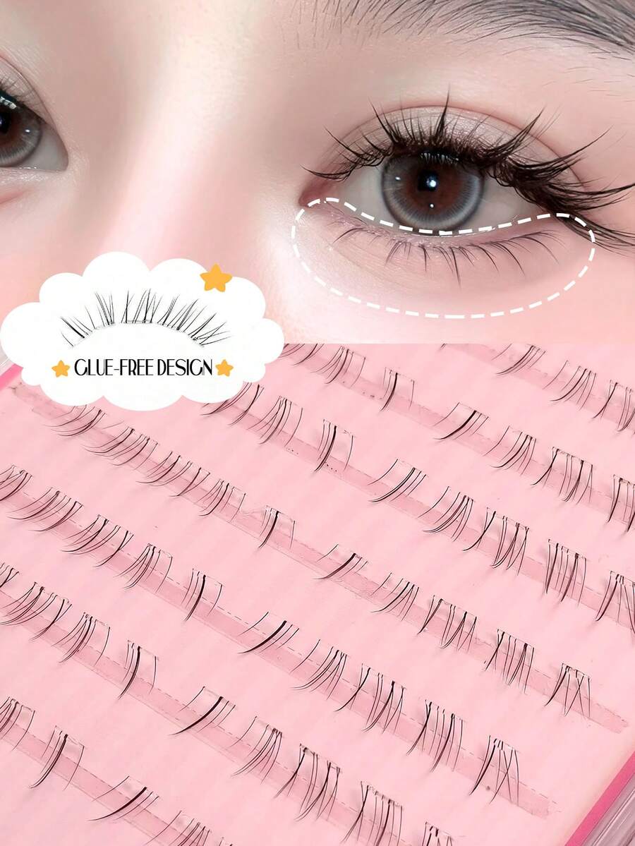 Asiteo 100片 C型卷翘自然下睫毛，柔软自然，适合新手，无需胶水，清新可爱，卡通分节下睫毛，清新甜美风格