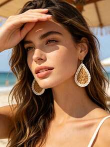 Xiacheng 1pair/4 Pairs Handmade Woven Rattan Raffia Earrings Set For Women, Boho Bohemian Summer Beach Vacation Party Lightweight Dangle Earrings Jewelry - Multicolor - View 5
