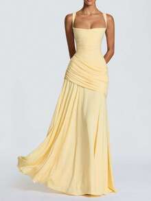 Elegantes langes Damenkleid, Spaghetti-Träger Falten-Taille A-Linie Maxikleid, Partykleid, elegante Herbst-Formalbekleidung - Hellgelb - Übersicht 5