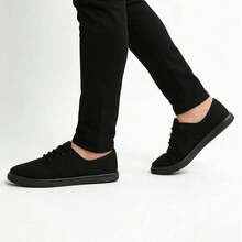 Men's All-Black Canvas Sneakers | Breathable Minimalist Low-Top Lace-Up Shoes | Essential Casual Vacation Footwear For Spring & Summer - Black - View 14