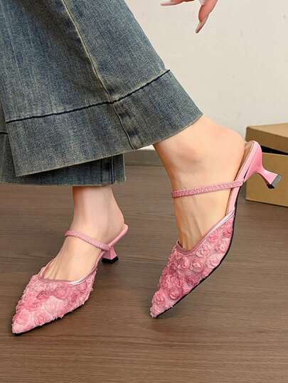 女士舒适防滑尖头穆勒凉鞋，饰有透明网纱玫瑰花图案，纤细细高跟，甜美欧美风，适合春夏穿着，约会、购物、通勤、日常穿着，粉色