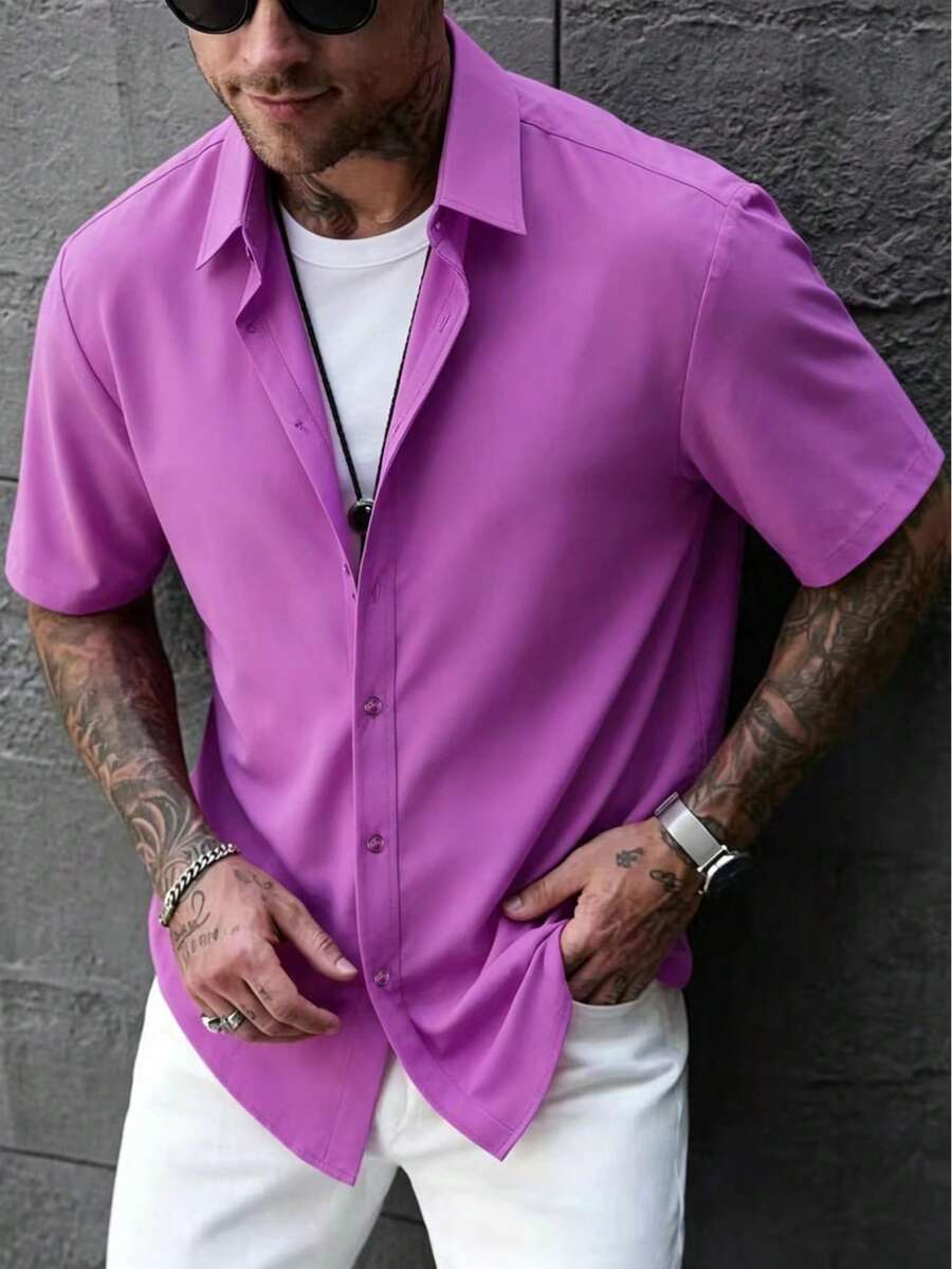 Men's Solid Color Business Casual Short Sleeve Shirt - Red Violet - View 1