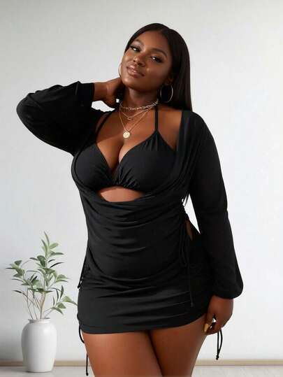 2026 New Plus Size Women's Black Halter Two-Piece Swimsuit With Long Sleeve Drawstring Cover Up For Vacation