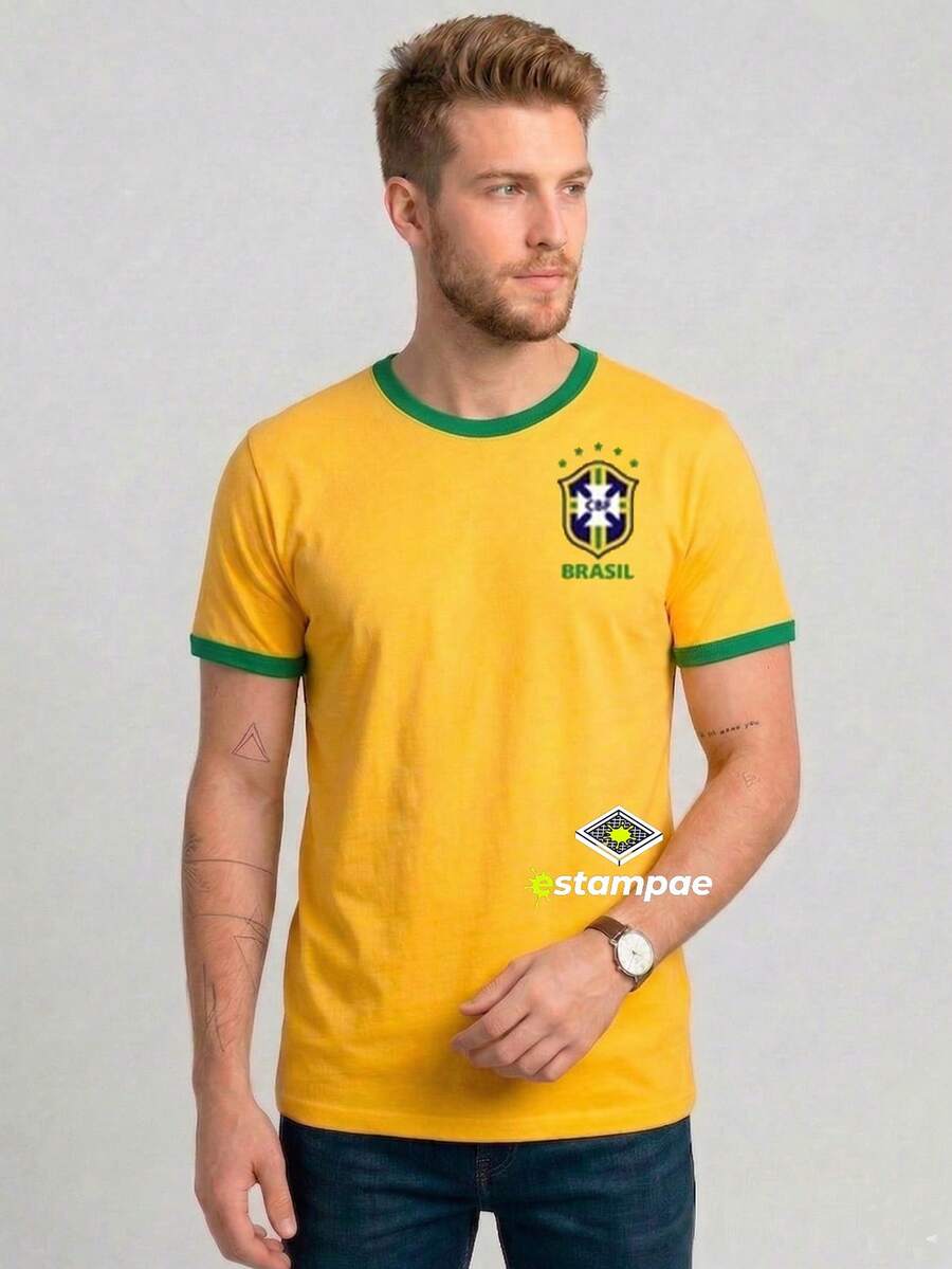 Men's T-Shirt World Cup Brazil Sun Printed New Release 100% Cotton Loose Oversized Plus Size T-Shirt - Estampae - Yellow - View 1