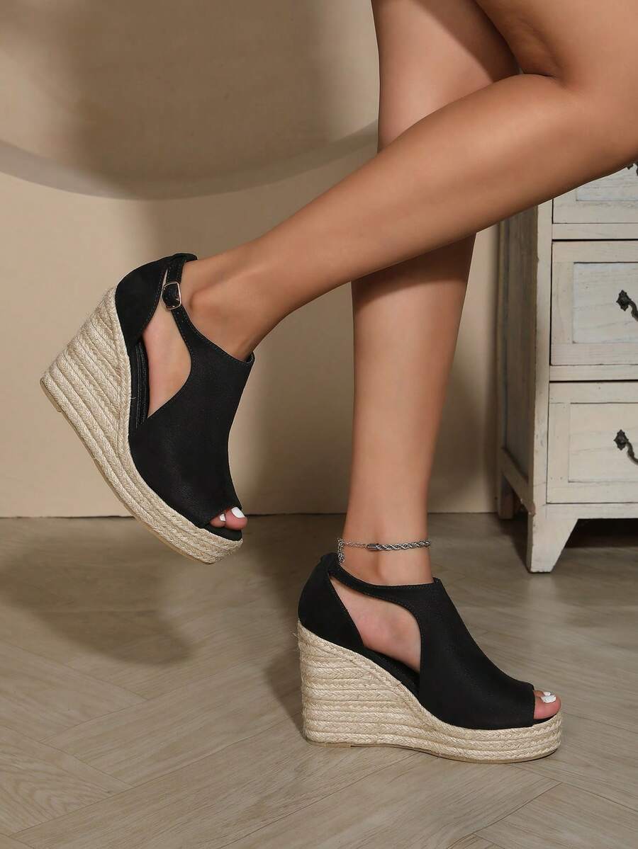 Große offene Zehenpartie, atmungsaktive, tiefer Rist, Schnallen-Absatz, modische, lässige, leichte Hanfseil-Keilsandalen für Frauen