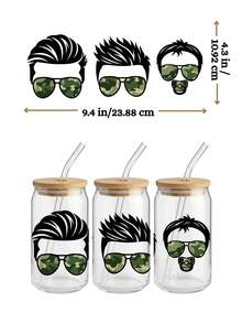 4件套16盎司玻璃杯UV DTF转印贴纸（9.4x4.3英寸），凌乱发髻妈妈和男孩爸爸家庭套装，爱国美国国旗豹纹迷彩贴纸，无需加热防水摩擦DIY礼物 - FAM 02 - 查看 6