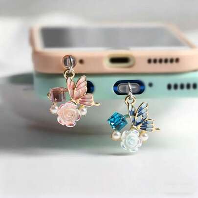 New Cute 3D Butterfly Crystal Diamond Pearl Apple Type-C Phone Charging Port Dust Plug Earphone Cap Jewelry Couple Gift