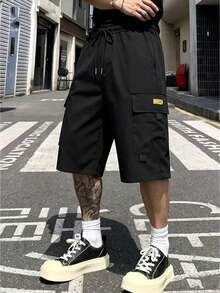 Men's Summer Cargo Pocket Drawstring Waist Casual Sporty Capri Pants - Black - View 1
