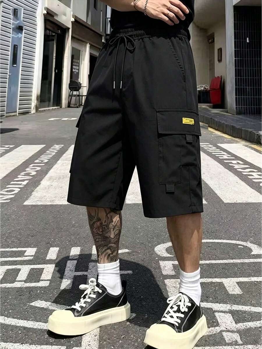Men's Summer Cargo Pocket Drawstring Waist Casual Sporty Capri Pants - Black - View 1