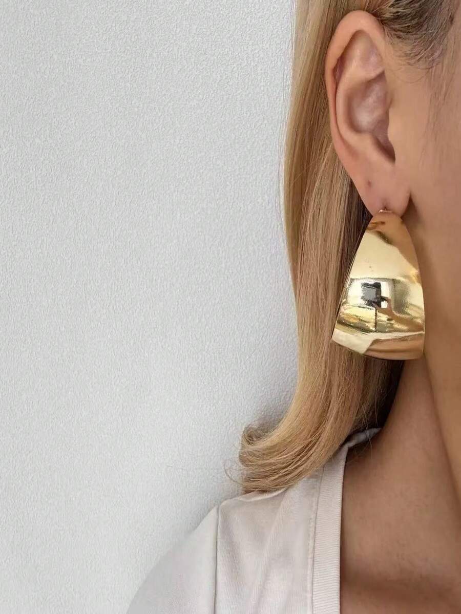 1对复古扇形大耳环，金属镜面效果夸张耳环，百搭通勤时尚耳环 - 金色 - 查看 1