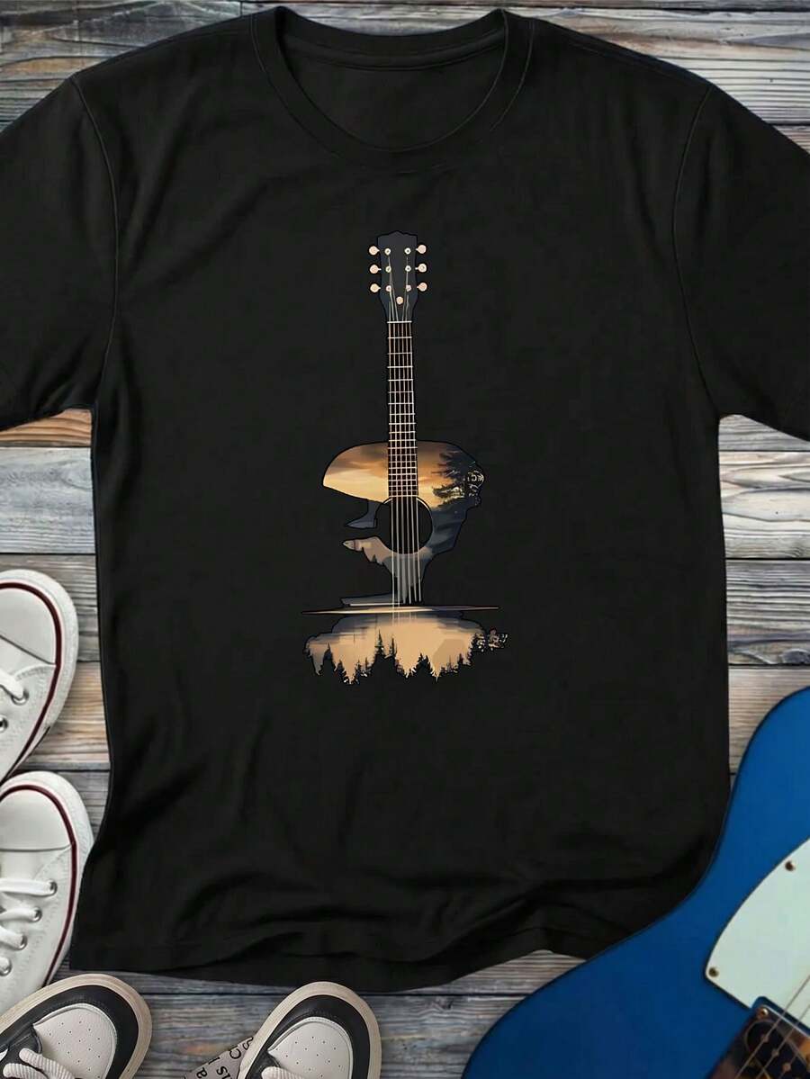 Áo thun nữ tay ngắn, cổ tròn, in hình lời bài hát nhạc retro và đàn guitar acoustic màu đen cùng cảnh hoàng hôn bên hồ, thích hợp mặc hàng ngày, đi làm và dự lễ hội âm nhạc. Món quà lý tưởng cho người yêu nhạc, phong cách retro thường ngày. Kiểu dáng nữ xuân/hè, phù hợp mọi mùa, áo thun cỡ lớn. - màu đen - Xem 1